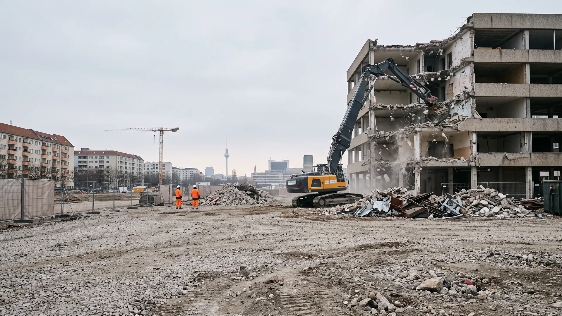 Abbruchbagger beim kontrollierten Rückbau eines Bürogebäudes in Berlin – Symbolbild